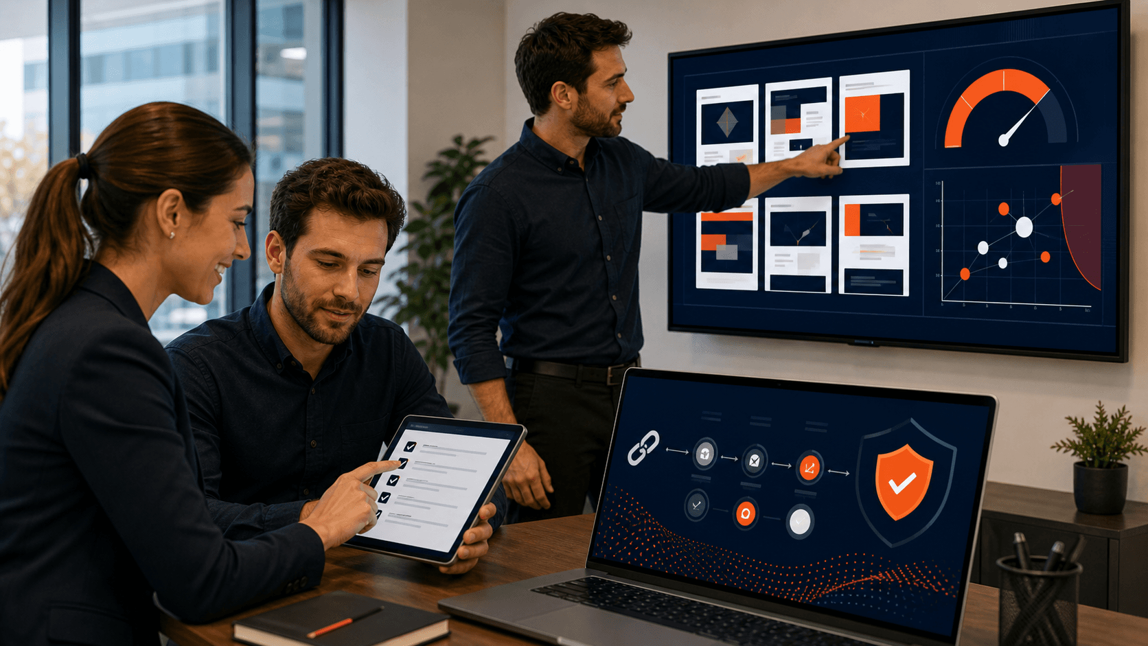 Blue-toned SEO dashboard with a checklist, warning triangle, and magnifying glass over linked webpages on a dark grid background