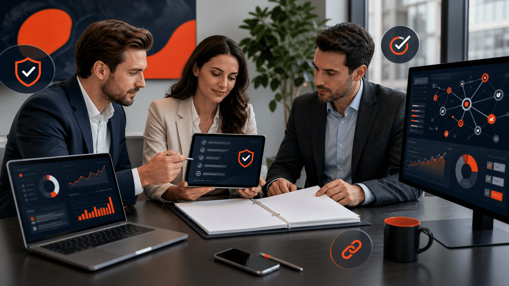 Blue-toned office desk with a clipboard checklist, legal contract pages, and a small U.S. flag under soft light