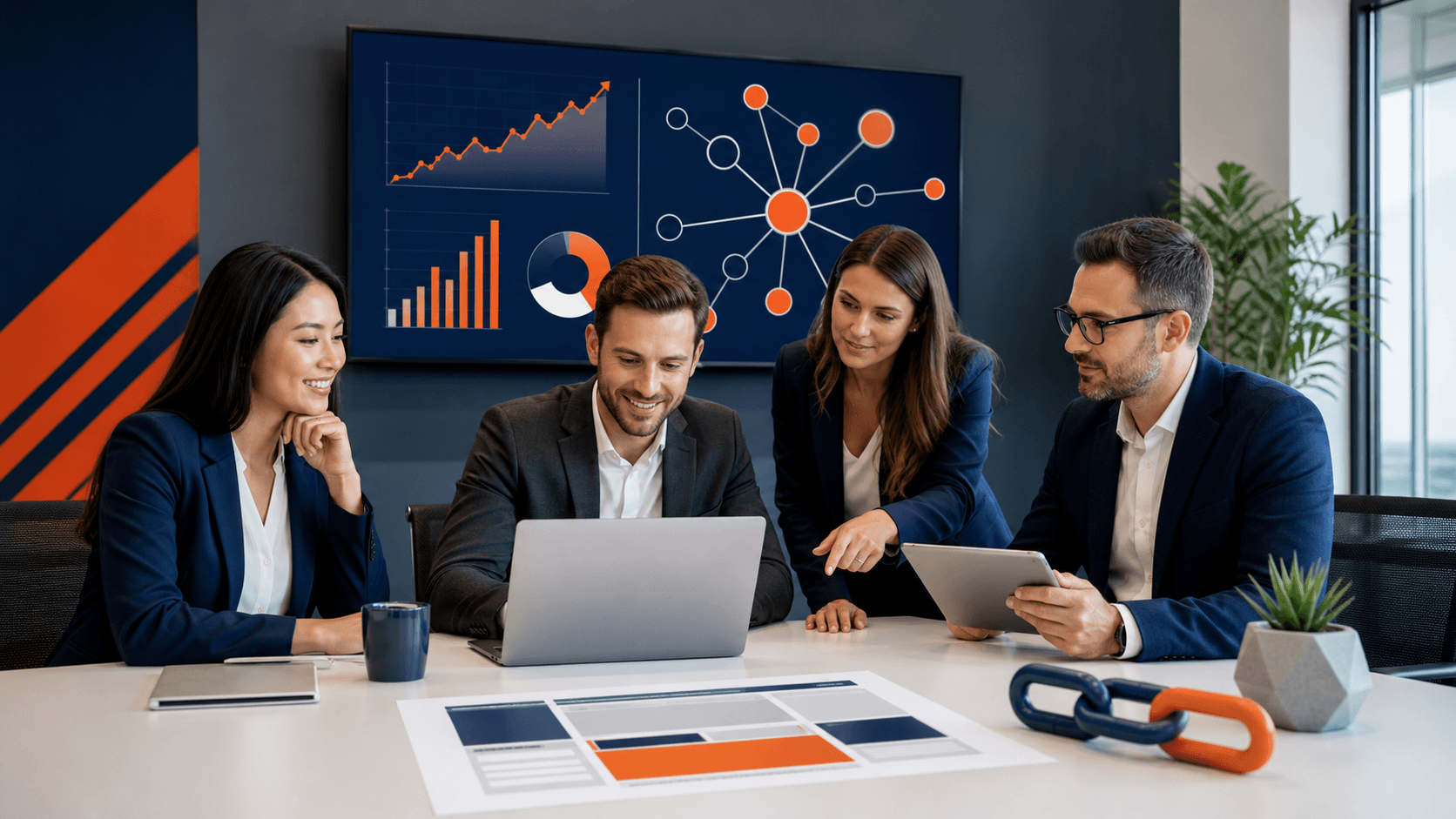 Business professionals linking puzzle pieces with glowing network lines over a blue city skyline, modern tech-style illustration.
